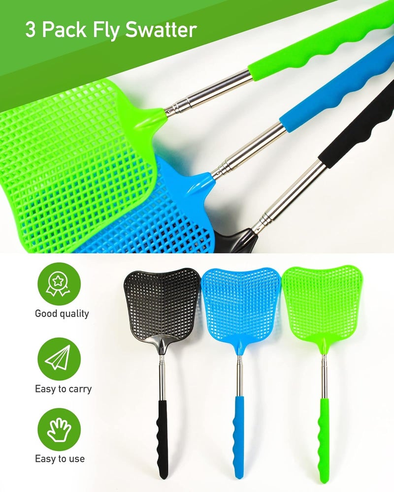 Wapodeai 3 pcs Fly Swatter, Fly Swatters Plastic Telescopic, Large Bug Swatter That Work for Indoor and Outdoor. (Black Blue Green) - Image 5